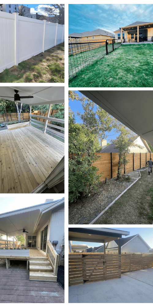 Collage of various fencing projects including a metal, wired pet fence, a patio deck and stairs, and privacy fencing